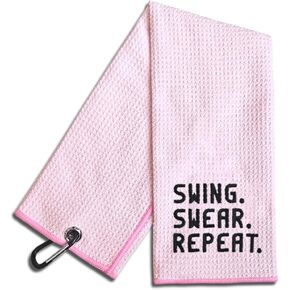 Swing Swear Repeat Embroidered Pink Golf Towel, Funny Golf Towel for Golf Bag with Clip, Retirement Birthday Gift for Grandma Mom Sister Golfer Golf Lover, Ladies Golf Towel, Women Golf Towel