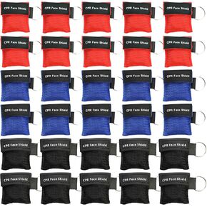 30 Counts CPR Pocket Mask Keychain, CPR Face Shield with One Way Valve Breathing Barrier for First Aid or CPR Training, AED Training(Three Colors)