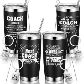 4 Sets Coach Gifts Best Coach Ever Stainless Steel Tumbler Coffee Mug with Keychain 20 oz Coaches Appreciation Gift Travel Tumbler for Soccer Volleyball Coach (Black,Artistic Pattern)