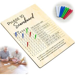 Phase 10 Score Board, Wooden Phase 10 Scoreboard with 8 Colored Pegs, Phase 10 Score Sheets Board for Card Games, 10 Scorecard and Round Tracker for Party Family Table Score Boards