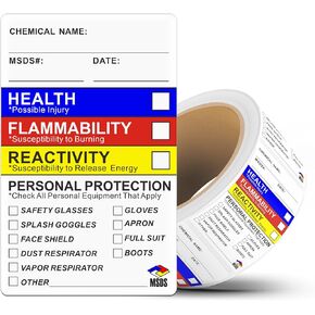 SDS OSHA Data Labels 2.5 x 1.5 Inches, Roll of 250 Stickers for Chemical Safety, GHS Pictograms & Perforated Edges, HMIS & Hazard Compliant, Secondary Containers