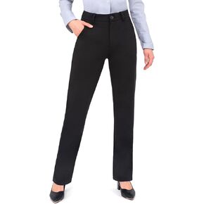 Womens Dress Pants Work Business Pants Tummy Control Office Straight Leg Professional Petite Trousers High Waisted Ladies Slacks 29" Inseam Black Large