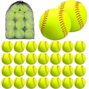30 Pack Sports Practice Softball with Mesh Bag Unmarked Leather Covered Official Size and Weight Slowpitch Softball Youth Fastpitch Softball Ball Yellow Training Ball for Game and Training