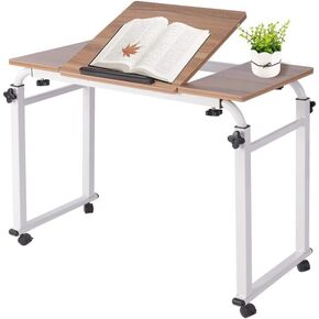 Overbed Table, Mobile Computer Desk Height and Length Over Bed Laptop Workstation with Rolling Wheel and Tilting Tabletop for Home Bedroom Office Hospital(0.8m-Oak+White)