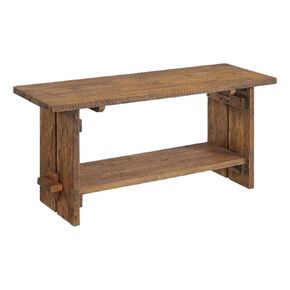 Bethel Acacia Wood Bench, 40 In. Wide, Natural Aged Brown with Storage Shelf, Rustic Solid Wood Entryway and Living Room Seating, Dimensions 40 In. W x 14 In. D x 18 In. H