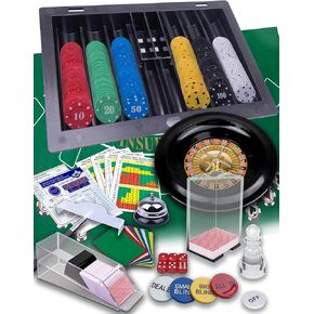 5 in 1 Super Casino Game Set: Blackjack/Roulette/Craps/Texas Hold'em/Poker Kit with Card Shoe+Discard Card Tray+360 Chip+8 Deck Card+Roulette Wheel+2 Felt+Stratedgy Card+Chip Rake, Casino Poker Set