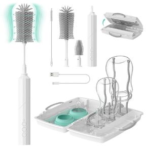 Electric Baby Bottle Brush Kit - Silicone Bottle Brush, Nipple Cleaner Brush,Straw Brush,Drying Rack for Home and Travel Better Cleaning, 7 in 1 Bottle Cleaner Kit with Brush Handle Rotated 90°Design