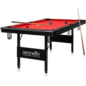 SereneLife 6 Ft. Portable Pool Table, Billiards Table, Easy Folding for Storage w/ Leg Levelers Includes Full Accessory Kit - 2X Cue Sticks, Full Set of Balls, Chalk, Brush (Red)