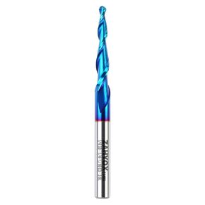 3D Carving Tapered Angle Ball Nose CNC Bit, 3.6 Degree NACO Coated Solid Carbide Router Bit, 1/16" Cutting Dia, 1/32" Radius, 1/4" Shank, 3" Overall Length, 2 Flutes, CNC Router Bits