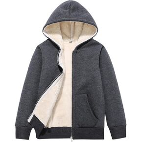 Unisex Boys Girls Sherpa Lined Fleece Jacket Hoodie Kids Warm Winter Zip Up Hooded Sweatshirt Jackets Coat 5-15Y