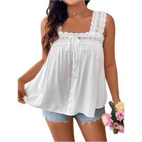 SOLY HUX Women's Plus Size Tops Contrast Lace Square Neck Sleeveless Flowy Loose Summer Blouse