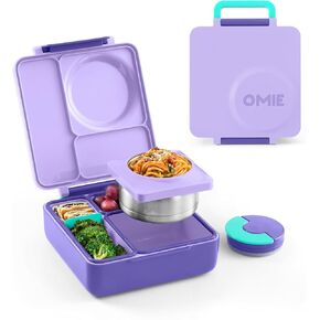 Omie OmieBox Insulated Bento Lunch Box with Leak Proof Thermos Food Jar-3 Compartments, Two Temperature Zones, One Size, (Purple Plum)