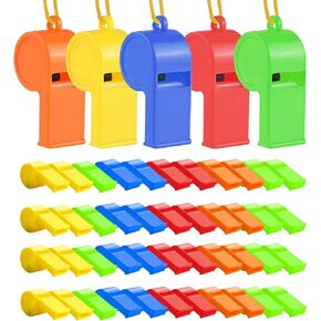 WSYUB 48Pcs Plastic Whistles, Sports Whistle Bulk with Lanyard, Super Loud Training Sports Whistle for Coaches Referees, Colorful Whistles Toy Soccer Whistle Giveaways Party Whistles