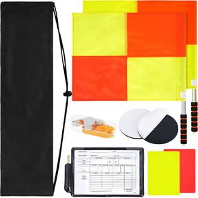 9 Pcs Soccer Referee Kit, 2 Pcs Soccer Referee Flag, Red Yellow Cards with Notebook and Pencil, Coach Stainless Steel Whistles with Lanyard