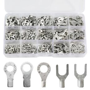 280PCS Non-Insulated Ring & Fork Terminals Kit,#8#10 1/4" 5/16" Stud Size Tin-Plated Copper Ring Fork Terminal,Uninsulated AWG 22-10 Electric Wire Crimp Ring & Fork Connector