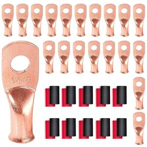RED WOLF 6 AWG 1/4" Battery Cable Ends Wiring Copper Connector Ring Terminals Stud 20 PCS w/3:1 Heat Shrink Tubing Black Red for Automotive Electrical 6 Gauge Wire Lug Marine Grade