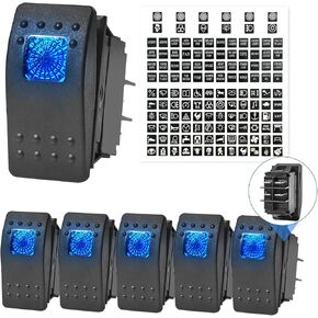 Anina 6PCS Rocker Switches 4Pin SPST 20A/12V 10A/24V ON/Off Set with Night Glow Sticker, Blue LED Light Waterproof Boat Marine Toggle Switch 2 Positions for Trucks Auto Motorcycle ATV UTV RV Camper
