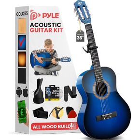 Pyle Beginner Acoustic Guitar Kit, 3/4 Junior Size All Wood Build Nylon String Instrument with Capo, Gig Bag, Strap, Extra String Set, Guitars for Beginners Adults and Youth, 36" Blue Gloss
