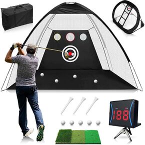 Golf Practice Net Set - 10x7Ft Golf Hitting Net with Speed Radar, Golf Chipping Net, Golf Mat, 5X Golf Balls, 3X Golf tees, and Storage Bag - Golf Practice Equipment - Gifts for Golfers