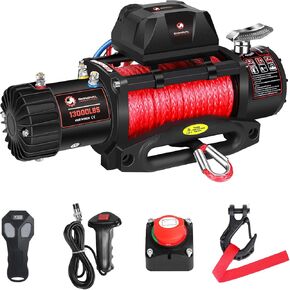 13000lb Electric Winch, Synthetic Rope, Bonus Disconnect Safety Switch, Compact Control Box, 12V, Waterproof, Corded & Wireless Remotes, for Offroad Recovery SUV, Truck, Jeep, Boat Trailer.
