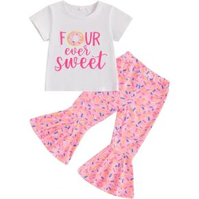 Eadrioss Toddler Baby Girl Birthday Outfit Sweet Theme 0-4 Years Old Birthday Outfit Shirt Bell Bottom Pants Set