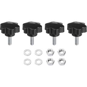uxcell 4pcs Star Clamping Knobs with Nuts Washers, M8 x 55mm Metric Zinc Plated Carbon Steel Male Thread 48mm 6-Star Plastic Head, Threaded Stud Hand Knobs Handles Thumb Screws, Black