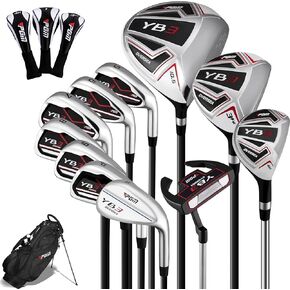 PGM Men's Oversea Complete Golf Club Sets - 11 Pieces - 2 Wood (#1,3), 1 Hybrid (#4H), 7 Irons(#5,6,7,8,9,PW,SW), 1 Putter - Golf Stand Bag, Right Handed - Ideal for Beginners