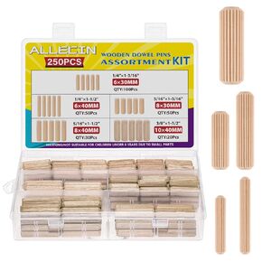 5 Sizes 250Pcs Wooden Dowel Pins Kit 1/4 3/8 5/16 Inch Small Fluted Wood Dowels Pegs Hardwood Pin for Furniture Woodworking Crafts