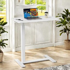 Overbed Bedside Table Adjustable Height, Portable Mobile Standing Laptop Desk for Bed, Hospital Bed Table C Table for Computer Writing Reading Eating Breakfast Cart Stand, White