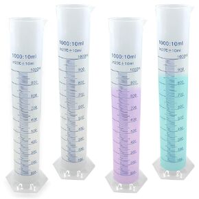 4 Pack 1000ml Plastic Graduated Cylinder, Printed and Molded Graduations Lab Cylinders with Stable Base, Clear Measuring Cylinder for Science Projects, Laboratory Supplies