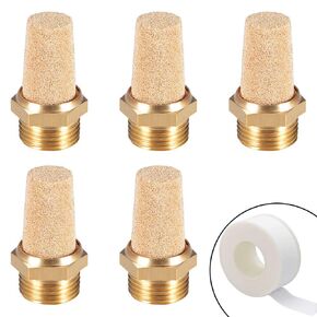 5Pcs Brass Air Pneumatic Mufflers 3/8" Male Thread Hex Sintered Bronze Exhaust Muffler Silencer (Pack of 5 with 1 Teflon Tape)