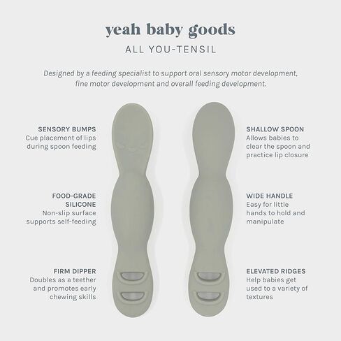 Yes Baby Goods All You-Tensil (عبوتان) | ملعقة وغطاس سيليكون لفطام الطفل وبوريه | صممه متخصص في التغذية لدعم نمو الطفل | 4+ أشهر (اليشم الباهت) in Kuwait