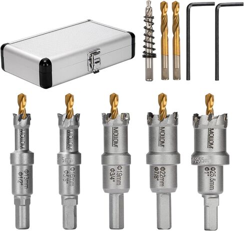 TCT Carbide Hole Saw Kit for Hard Metal 6Pcs Hole Saw(19-35mm), Extra 2xTitanium & 1xStepped Pilot Drill bits and 2Pcs Hex Key for Stainless Steel, Iron,Aluminum,Alloy,Metal in Saudi Arabia