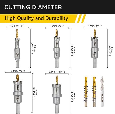TCT Carbide Hole Saw Kit for Hard Metal 6Pcs Hole Saw(19-35mm), Extra 2xTitanium & 1xStepped Pilot Drill bits and 2Pcs Hex Key for Stainless Steel, Iron,Aluminum,Alloy,Metal in Saudi Arabia