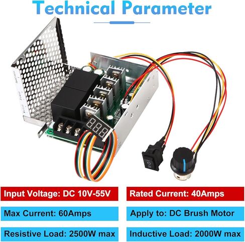 جهاز التحكم في سرعة محرك PWM DC، DC 10-55V / تصنيف 40A / Max 60A، شاشة LED وحدة تحكم في سرعة محرك DC بدون خطوات مع مقياس جهد قابل للتعديل ومفتاح عكسي للفرامل الأمامية in Kuwait