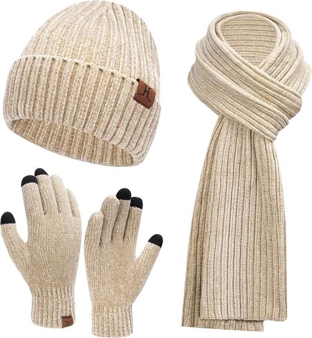 Womens Winter Knit Warm Hat Beanie Long Scarf Touch Screen Gloves Set Skull Caps Neck Scarves for Women in Kuwait