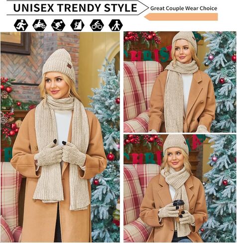 Womens Winter Knit Warm Hat Beanie Long Scarf Touch Screen Gloves Set Skull Caps Neck Scarves for Women in Kuwait