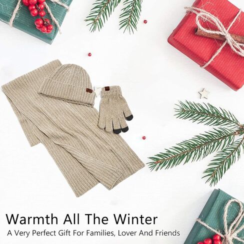 Womens Winter Knit Warm Hat Beanie Long Scarf Touch Screen Gloves Set Skull Caps Neck Scarves for Women in Kuwait