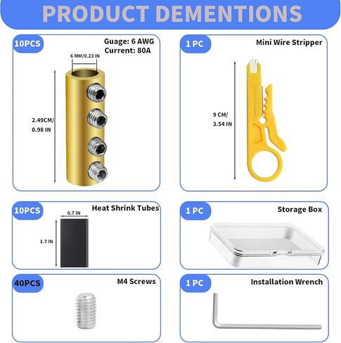 10Pcs 6 Gauge Wire Connectors, 80A Wire Splice Connectors 6AWG Quick Connect Wire Nuts Connectors with 10Pcs Heat Shrink Tubes, Mini Wire Stripper, Screws, Wrench Battery Cable Terminal Connectors in Saudi Arabia