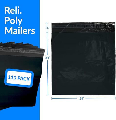 ريلي. (110 قطعة) بريد بولي 24 × 24 بوصة، أسود | أكياس شحن كبيرة جدًا للشركات الصغيرة | أكياس بولي للشحن/حقيبة تغليف للملابس | مظاريف بريدية بلاستيكية غير مبطنة، ختم ذاتي in Kuwait