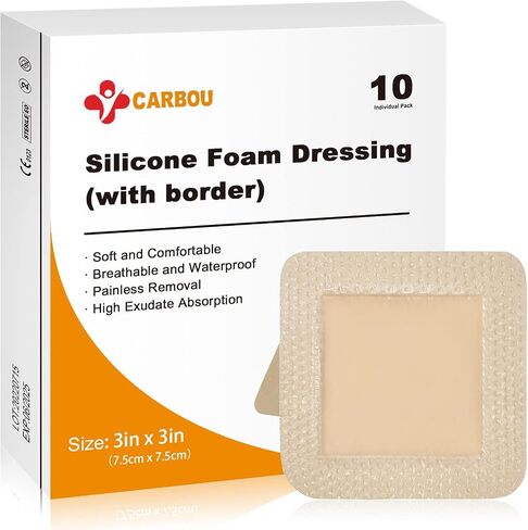 Carbou Silicone Foam Dressing with Adhesive Gentle Border,3"x3" Waterproof Wound Dressing Bandage,High Absorbency Pad, Foam Bandage for Wound Care 10 Pack in Kuwait