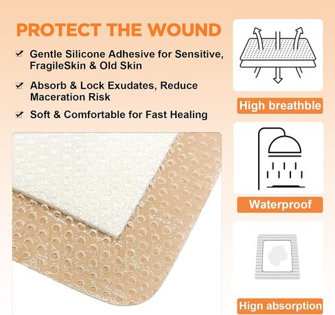 Carbou Silicone Foam Dressing with Adhesive Gentle Border,3"x3" Waterproof Wound Dressing Bandage,High Absorbency Pad, Foam Bandage for Wound Care 10 Pack in Kuwait