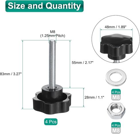 uxcell 4pcs Star Clamping Knobs with Nuts Washers, M8 x 55mm Metric Zinc Plated Carbon Steel Male Thread 48mm 6-Star Plastic Head, Threaded Stud Hand Knobs Handles Thumb Screws, Black in Saudi Arabia