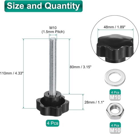 uxcell 4pcs Star Clamping Knobs with Nuts Washers, M8 x 55mm Metric Zinc Plated Carbon Steel Male Thread 48mm 6-Star Plastic Head, Threaded Stud Hand Knobs Handles Thumb Screws, Black in Saudi Arabia