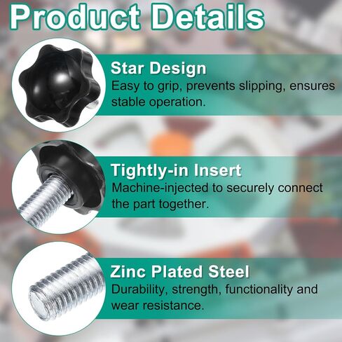 uxcell 4pcs Star Clamping Knobs with Nuts Washers, M8 x 55mm Metric Zinc Plated Carbon Steel Male Thread 48mm 6-Star Plastic Head, Threaded Stud Hand Knobs Handles Thumb Screws, Black in Saudi Arabia