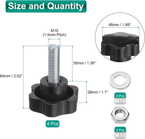 uxcell 4pcs Star Clamping Knobs with Nuts Washers, M8 x 55mm Metric Zinc Plated Carbon Steel Male Thread 48mm 6-Star Plastic Head, Threaded Stud Hand Knobs Handles Thumb Screws, Black in Saudi Arabia
