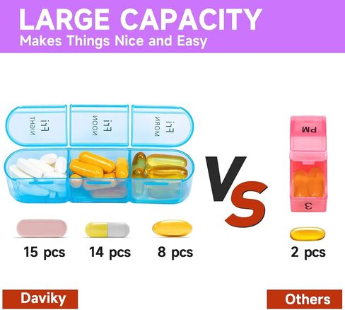 Pill Organizer 3X a Day, Weekly Pill Organizer 3 Times a Day, Pill Box 7 Day, Pill Cases Organizers 7 Day, Daily Pill Organizer Travel, Daviky Medicine Pill Organizer to Hold Vitamins and Medication in Kuwait