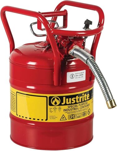Justrite AccuFlow 7350130 النوع الثاني من الفولاذ المجلفن لنقل وتوزيع علبة آمنة قابلة للاشتعال مع صنبور مرن مقاس 1 بوصة، سعة 5 جالون، أحمر in Kuwait