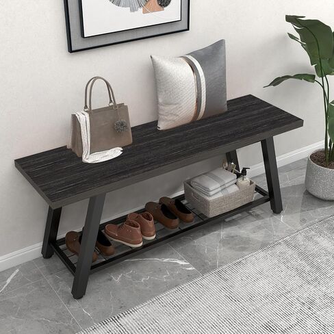 Storage Bench Industrial Rustic Wooden and Metal Entryway Shoe Boots Storage Rack Long Bench Seat for Hallway Bedroom Retro Brown Farmhouse Style in Kuwait