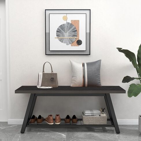 Storage Bench Industrial Rustic Wooden and Metal Entryway Shoe Boots Storage Rack Long Bench Seat for Hallway Bedroom Retro Brown Farmhouse Style in Kuwait